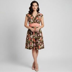 Folter 50s Style Floral Bird Dress Sz Lg Brown Pink Fit Flare Rockabilly Pin Up